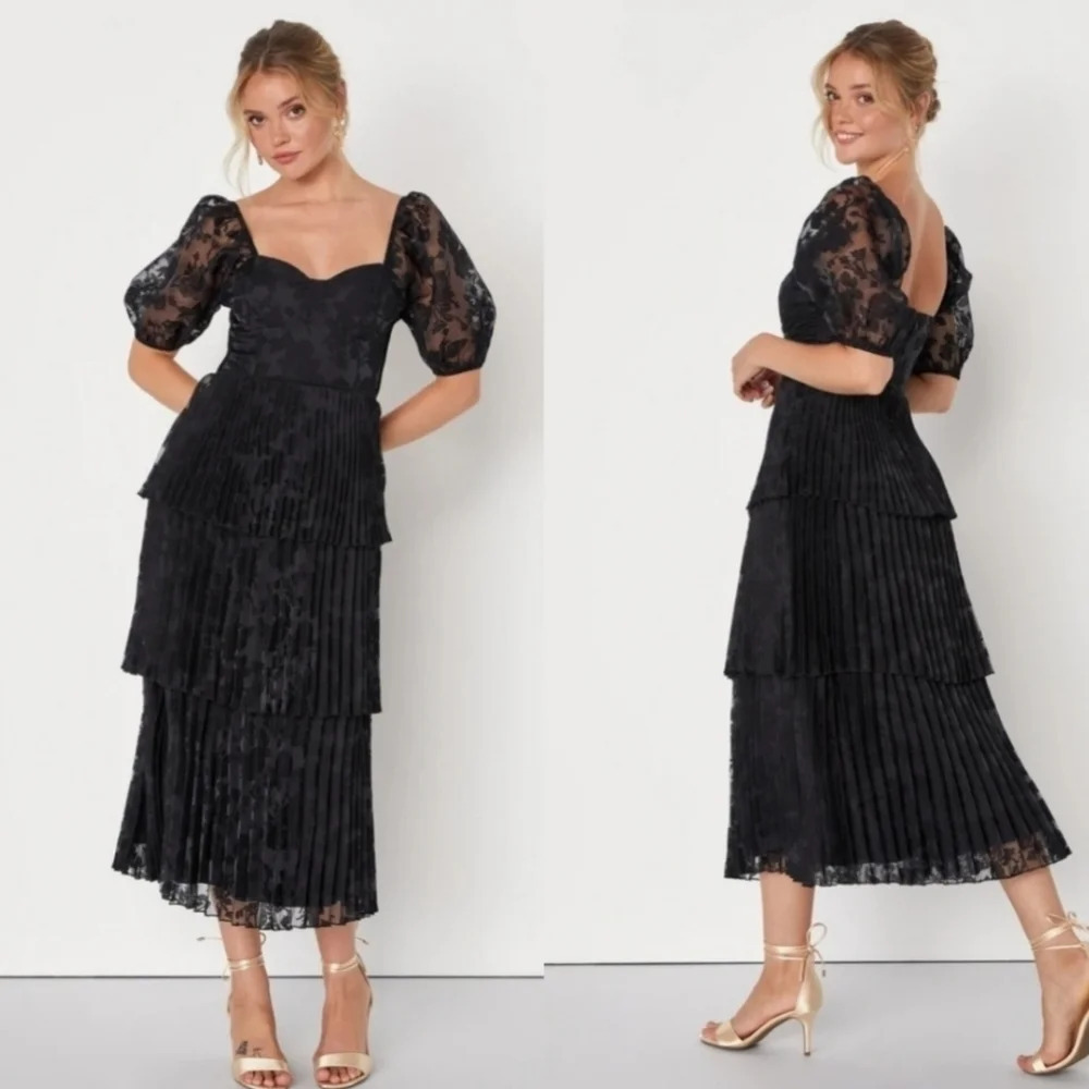 Lulus Posh Delight Black Floral Jacquard Pleated Midi Dress S Wedding Party